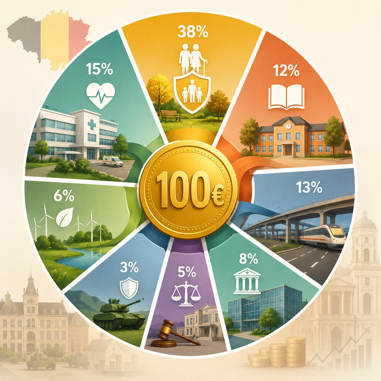 Cum sunt cheltuiți 100 € din taxe în Belgia?